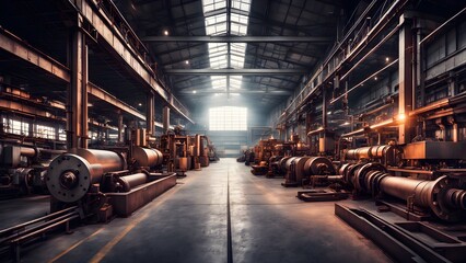 Fototapeta premium A large, industrial factory with machinery and equipment, lit by the sunlight streaming through a skylight.