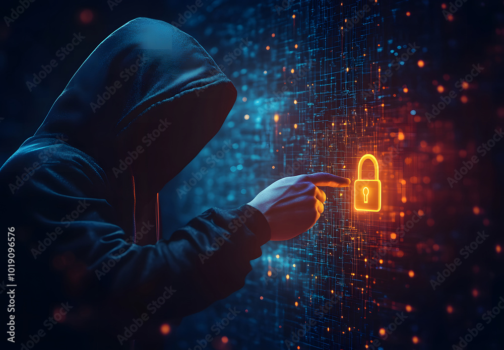 Poster hacker in hoodie using glowing digital padlock in circular tech hologram on blurry background design