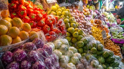 Vibrant Thai Fruit and Vegetable Market: A Colorful Snapshot of Local Produce and Activity