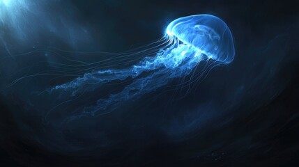 Ethereal Blue Jellyfish Swimming in Dark Waters