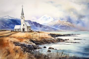 Fototapeta premium Watercolor-style illustration of a solitary church along Iceland's rugged coast, surrounded by mountains and a tranquil sea view.