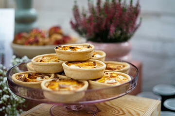 Small tartlets with pears. Close up. 