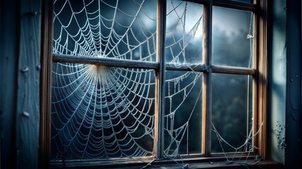 Obraz premium Forsaken window with a spider web and dewdrops reflecting light in an atmospheric setting