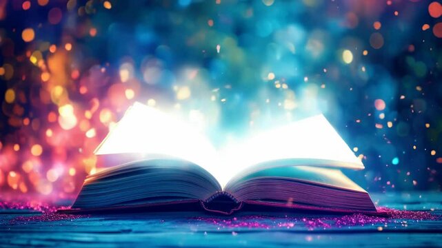 An open book glowing with magical light. AI.