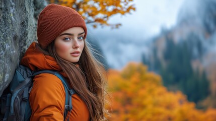 Portrait of a young female hiker wearing an orange beanie and jacket, enjoying an autumn mountain hike.