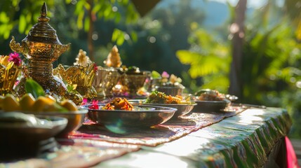 Joyful Communal Dining: Vibrant Outdoor Picnic in Thailand with Traditional Dishes and Fresh Fruits