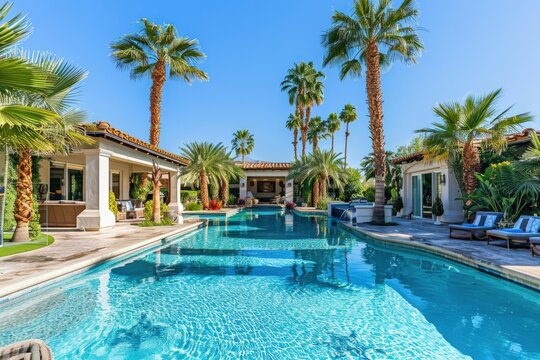 A large pool with palm trees in the background, generative ai image