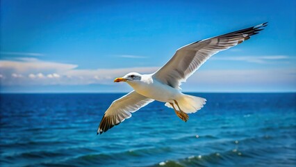 A single seagull flying over the sea with a blue sky background