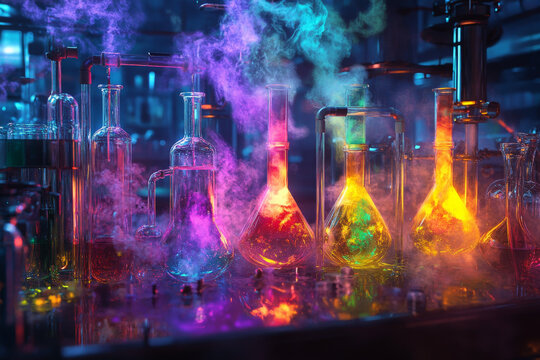 A vibrant chemistry setup with hyperbolic glass tubes, colored liquids bubbling inside, plasma glowing around the apparatus, and thick smoke curling from various points, creating an organic and