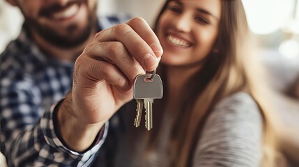 Joyful couple receives keys from realtor celebrating their new home purchase journey together