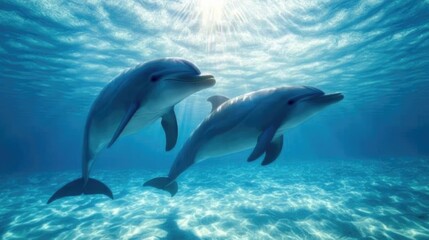 Two Dolphins Swimming Underwater in Clear Blue Water