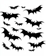 Silhouette of flying bats in black and white