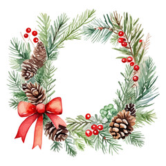Watercolor frame of Christmas wreath with a pine cones, spruce branches, rowan berries and red bow illustration drawing by hand for background, poster, greeting card and over