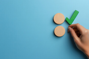 Hand placing a checkmark on three wooden cubes over a blue background design, in a flat lay, top-view concept for a business plan or quality control and positive montage design