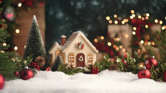 Classic Christmas scene with decorations, snow, and seasonal colors