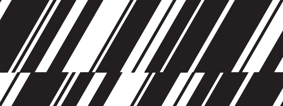 Oblique parallel stripes of different thickness. Slanted black and white lines background. Simple stripy texture. Geometric dynamic print with tilte strips. Vector graphic illustration