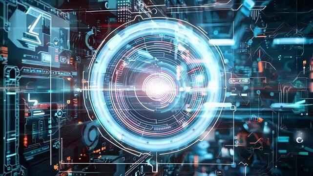 Cutting edge camera lens with augmented reality display showcases innovative technology, powered by artificial intelligence, featuring intricate circuitry against a blue abstract background