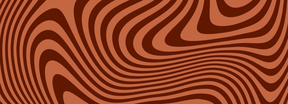 Retro coffee color background. Milk chocolate liquid dessert texture. Wavy swirl candy pattern for poster, cover, banner, pamphlet. Vintage brown trippy hippie wallpaper in 60s or 70s style. Vector