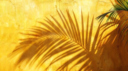 Obraz premium Tropical palm leaf shadow on yellow cement wall. Abstract background, Ai generated