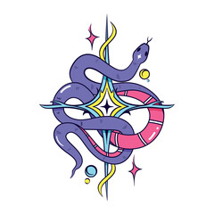 Vector Y2k Snake Neon Tribal Cartoon Illustration Isolated