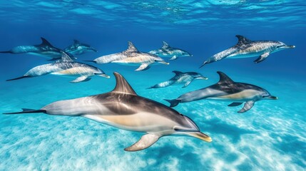 Fototapeta premium Joyful Dolphins Swimming in Clear Ocean Water