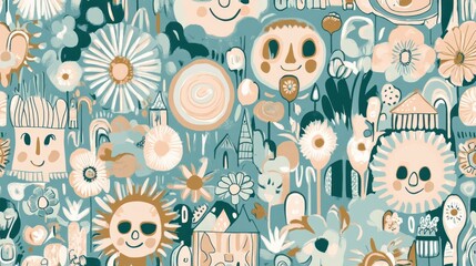 Abstract smiling face rainbow and sun theme in cream colors on a light turquoise sky background with clouds conveys a warm impression