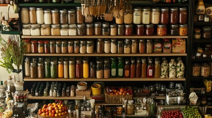 Organized Pantry with Jars and Fresh Produce Display
