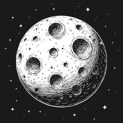 Hand drawn sketch of cartoon moon planet with craters and stars on a black background in vintage retro style. Simple creative moon logo design for t-shirt print, banner or poster. Vector illustration © 3d_kot