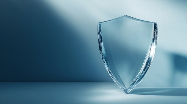 Shield shaped crystal sign or badge on light blue blank background with space for logo, text or inscriptions, protection, security and winning theme
