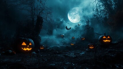 Halloween dark spooky background with glowing pumpkins, bats and black forest with a castle in the background with space for text or inscriptions
