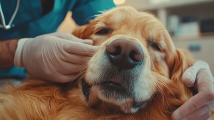 Close up of white gloved vet hands opening mouth of Godlen Retriever dog at veterinary clinic or checking dog's teeth close up

