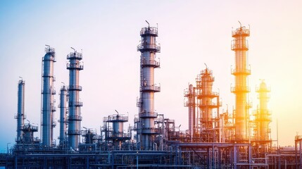 Obraz premium Industrial Refinery Against Sunset Sky