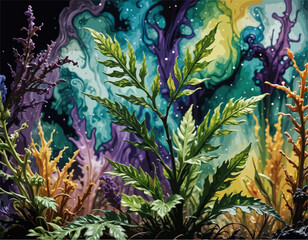 Unique Pastelle Water Oil and Alcohol Ink Combination Vector - Surreal Realism Effect of Flourishing Colorful Plant Leaves in Nature