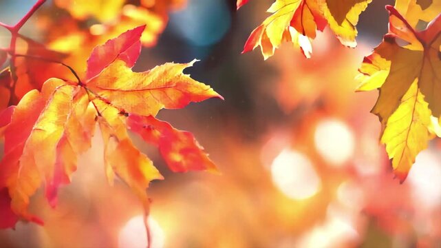 Maple large orange autumn leaves in the rays of light on the tree