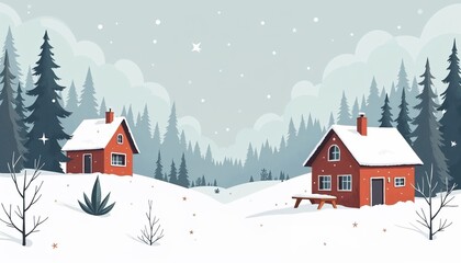 Fototapeta premium Charming winter landscape with cozy cottages and snow-covered trees, minimalist design, festive atmosphere, seasonal illustration