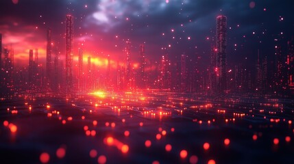 Fototapeta premium A futuristic cityscape bathed in a glowing red light, symbolizing the rise of digital technology and advanced urbanization.