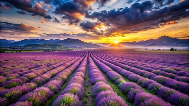 Aerial view of wild lavender fields at sunset over mountain range