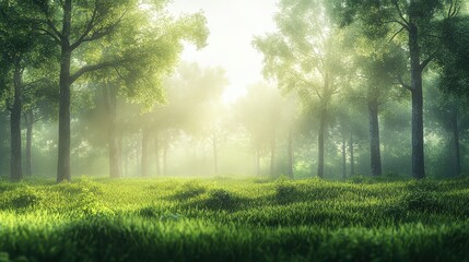 Obraz premium Sunlit Forest with Mist and Greenery