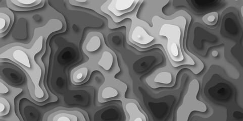 3D Stylized Gray Topographic Contour Scheme and Terrain. Geographic mountain terrain. Contour map background. 3D Cartographic Weave with seamless striped patterns and wavy Shapes.