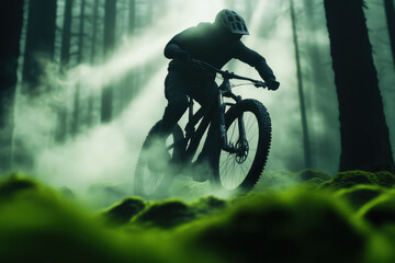 Naklejka premium Thrilling Mountain Biking Adventure Through Enchanted Forest Trails