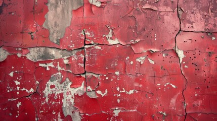 Close-up of weathered red paint peeling off a surface, revealing the texture beneath. This abstract backdrop has a raw and vintage feel.