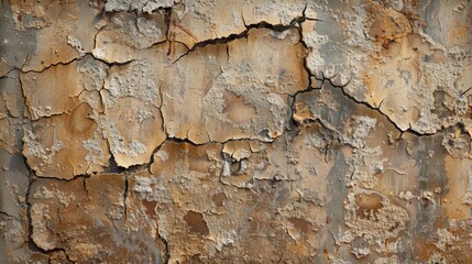 Close-up of a weathered, cracked, and peeling surface. The texture is rough and the colors are muted, creating a rustic and aged look.