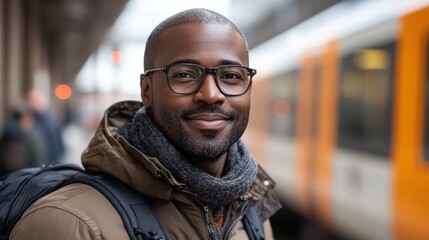 Fototapeta premium A man gets off the train carrying luggage, wearing winter clothes, smiling at the camera in front of an intercity express train.