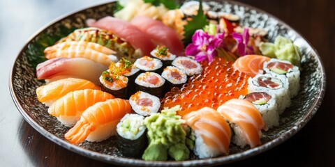 A platter of assorted sushi with salmon, tuna, shrimp, and avocado on a dark plate.