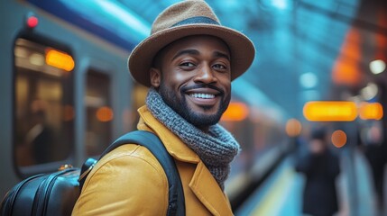 A man gets off the train carrying luggage, wearing winter clothes, smiling at the camera in front of an intercity express train.