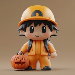 Little child in a construction helmet with a Halloween pumpkin