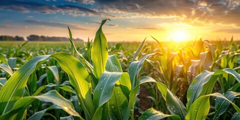agriculture farm sunrise landscape with watered corn field