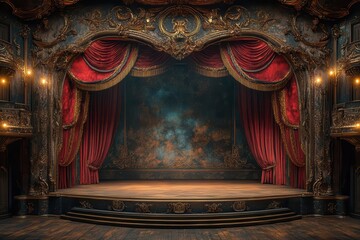 ornate theater stage with luxurious crimson velvet curtains golden tassels and antique footlights casting a warm glow intricate baroque details adorn the proscenium arch
