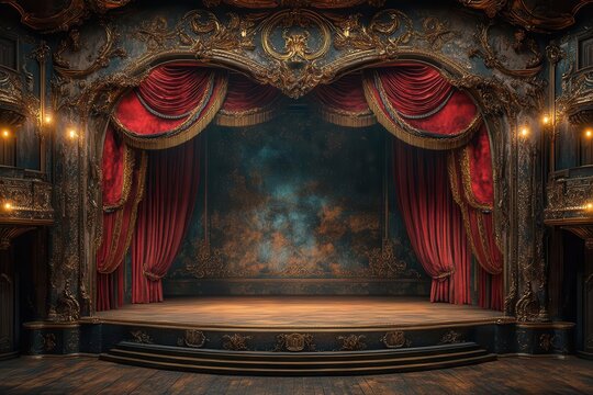 ornate theater stage with luxurious crimson velvet curtains golden tassels and antique footlights casting a warm glow intricate baroque details adorn the proscenium arch