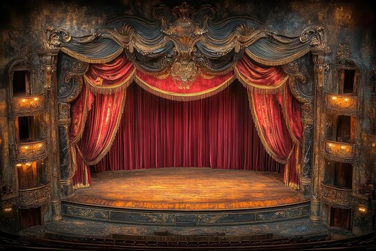 ornate theater stage with luxurious crimson velvet curtains golden tassels and antique footlights casting a warm glow intricate baroque details adorn the proscenium arch